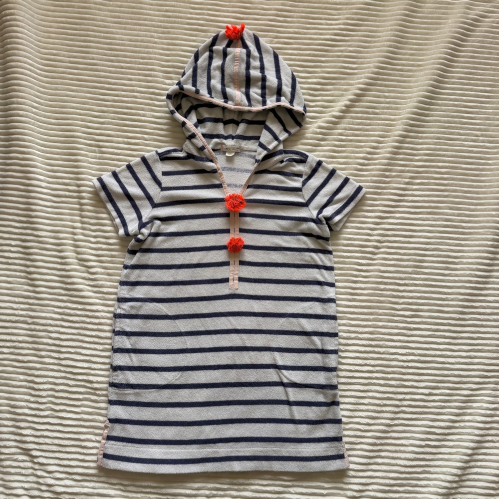 Crew Cuts Terry Cloth Hooded Swim Coverup Navy White Stripes Neon Pink Accent 6